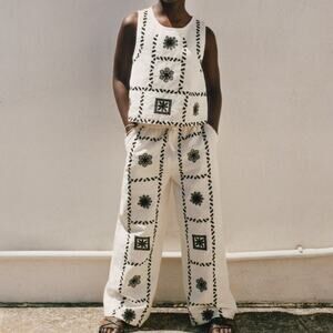 Zara Embroidered Linen Matching Pants Set Girls Size 12-13